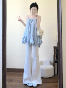 Áo ba lỗ không tay rộng rãi màu xanh Thái Lan độc đáo dành cho nữ mùa hè 2025 Thiết kế áo khoác ngoài không đều Áo chui đầu cổ chữ V