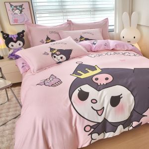 Cute Cartoon Pure Cotton Bedding Set for Girls 4-Piece Quilt Cover Sheet Dust Ruffle Duvet Cover Warmth Storage Bag Included