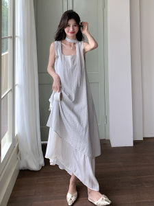 Summer New Polka Dot French Goddess Style Vest Dress Womens High Waist Splice Elegant Long Dress Square Collar One Piece