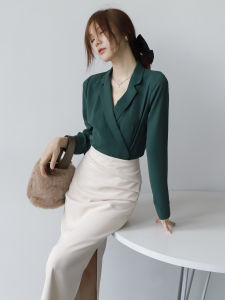 Design Sensation Long Sleeve Shirt Satin Fabric Anti-Wrinkle High-End Loose Womens Polo Neck Pure Color Commute Style Shirt