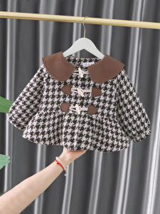 Thickened Plaid Woolen Coat for Girls Autumn Winter Fashionable Korean Style Baby Clothes Doll Collar Single Button Closure