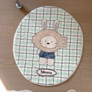 VIKAMA Cute Bunny Chef Oval Rug With Pink And White Stripes And Red Checkered Apron Design For Bedside Decoration