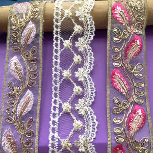 2m/6.56ft Each Pack Big Wide Lace Embroidery Trim Flower Sewing Curtain Accessory DIY Craft Organza Dress Handmake Decorations