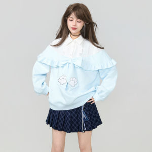 KEIKO | Áo Hoodie Phong Cách Nữ Màu Khối Giả Hai Mảnh Nơ và Ren Form Rộng