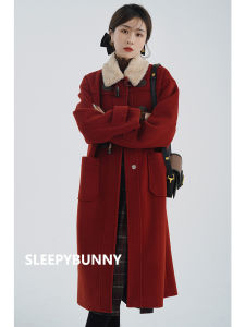 Elegant Comfortable Long Coat with Lamb Fur Imitation and Horn Buttons Red