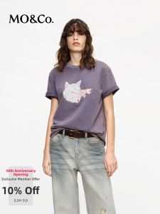 MO&Co. | Short Sleeve Cotton Tee with Cat Print and Diamante 2026 Spring