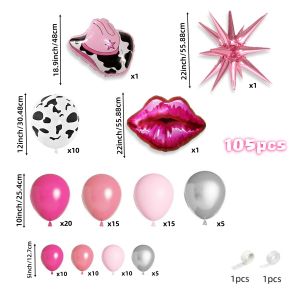 105Pcs Western Cowboy Pink Rose Red Balloon Chain Set Pink Cowboy Hat Red Lips Exploding Stars with Pink Rose Red and Silver Balloons Perfect for Womens Birthday Parties Bachelorette Parties Valentines Day Parties Cowboy Theme Party Decorations
