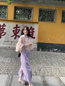 YUFUQING | ชุดเสื้อคลุมแขนโคมไฟสไตล์ฝรั่งเศส กระโปรงสั้นเอวสูง ชุดสองชิ้น ผ้าลินิน ฤดูร้อน สำหรับผู้หญิง ชุดทำงาน แขนยาว สีพื้น