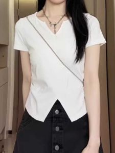 Slim Fit V-Neck Short Sleeve T-Shirt for Women Summer Style Casual Work Clothing with Creative Pattern