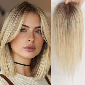 Mái Tóc Giả Nối Đỉnh Đầu Tóc Người 100% Remy Màu Ombre Vàng Sáng Thẳng Chia Giữa Đế Lụa Kẹp Cài Dài 12 Inch Dành Cho Nữ