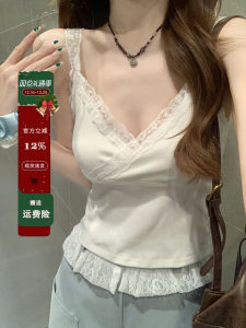 Miu Style Lace Patchwork Cross V-neck Strapless Tank Top Women Spring Summer Pure Desire Layering Beautiful Back Beauty Top