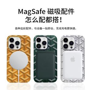 High-End Leather Magnetic Absorption Phone Case for  14 15ProMax Business Style Men Women Fingerprint Resistance Dog Tooth Trendy Brand