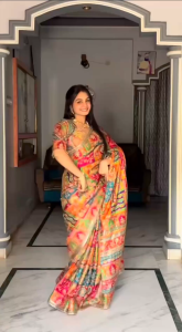 [PRE ORDER : 10 DAYS] Chinon Silk Saree with Mirror Work | Floral Print Designer Party Wear Saree (ST-0117) [Normal OR Ready To Wear]