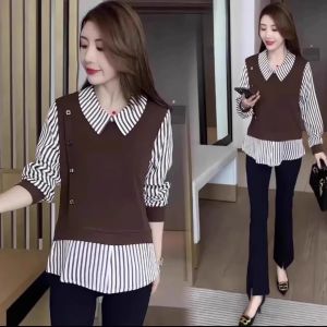 Fashionable Faux Two-Piece Shirt Womens Design Sense Top 2025 Autumn Winter New Fleece Lined Base Shirt Belly Cover Shirt
