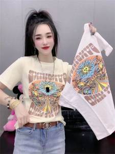 Pure Cotton Short Sleeve T-Shirt Womens Summer New Style Letter Print Base Shirt Inner Wear Korean Version round Neck Top