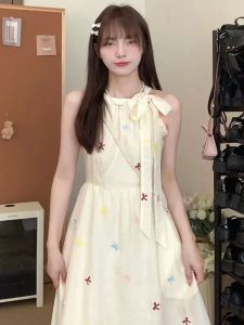 French Style Sweet Butterfly Knot Floral Print Sleeveless Dress Slimming Waist High Waist Summer New Long Fairy Skirt Dress