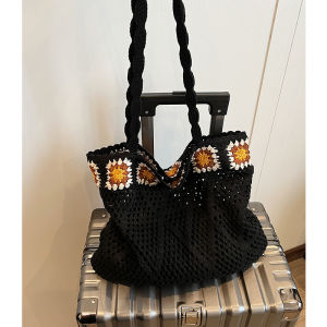 Grandma Style Knitted Bag Womens Summer Beach Vacation Handwoven Wool Mesh Pocket Commuter Tote Bag Single Shoulder Bag