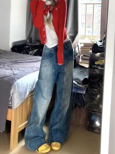 Retro High Street Washed Denim Jeans Women Loose Wide Leg Slim Straight Pants Autumn New Style Hot Girl Knife Edge Jeans