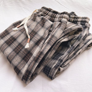 กางเกงขายาวทรงตรงผ้าขนสัตว์หนาสำหรับผู้หญิงในฤดูใบไม้ร่วงและฤดูหนาว กางเกงขายาวทรงหลวมสไตล์ย้อนยุค ทรงหลวม กางเกงขายาวทรงตรง