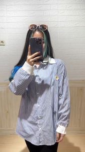 4883 Flory White Collar Long Sleeves Stripes Shirt Kemeja Korea