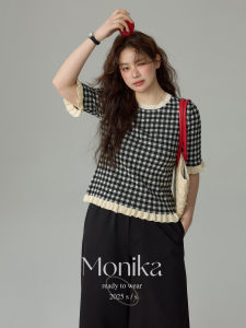 Slimming Plaid Peter Pan Collar Short Sleeve Knit T-Shirt Large Size