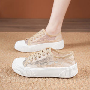 รองเท้าผ้าใบตาข่ายฤดูร้อน รองเท้าผ้าใบผู้หญิงแบบบาง รองเท้าผ้าใบพื้นหนาระบายอากาศได้ดี รองเท้าผ้าใบทรงหัวมน สวมใส่สบาย