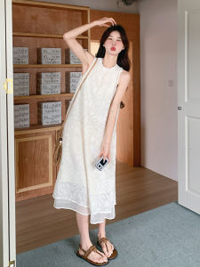 Sweet Summer New Style Womens Dress Fresh Clear White Sleeveless Slimming Long Vest Dress French Style Loose Waist Short Sleeve H Version