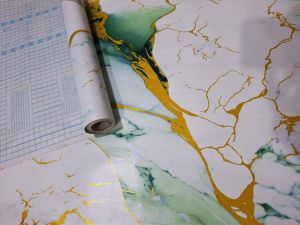 Wallpaper Sticker Dinding Motif Marmer Putih Bercak Kuning Biru Bahan Kertas PVC Full Lem Perekat Natural Minimalis Premium Kekinian COD