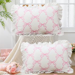 BUYNOW 1pc 2pcs/set Pink Bow White Lace Pillowcase Cute College Style Bow Pillow Decor GirlsApartment Bedroom Bed Sofa Decor