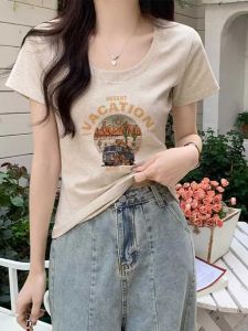 Gray European Goods Short Sleeve Pure Cotton Print Shoulder U-Neck T-shirt Womens Summer New Arrival Silm Versatile Hong Kong Style Chic Tops