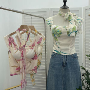 Áo Sơ Mi Không Tay Cổ Vuông in Hoa Có Đệm Ngực Ngắn Nối Dài Lưng Co Giãn Dây Thắt Lưng Mùa Hè 2024 Áo Vest Nữ