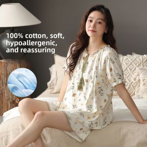 Miiow | Cat Woman Summer Pure Cotton Sleepwear Set Loose Comfortable Home Clothes Elegant Outdoor Wearable Sweet Countryside Style