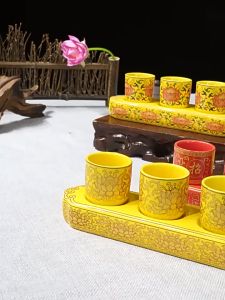 ชุดแก้วน้ำชา ไหว้พระ ไหว้เจ้า (3ใบ/5ใบ) เซรามิก ลวดลายสีทอง คำอวยพรอักษรจีนมงคล