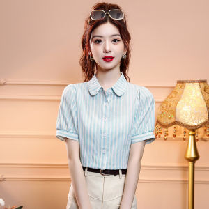 Summer 2025 Womens Casual Stripe Shirt Short Sleeve Versatile Lightweight Luxury Feel Commute Straight Tube Shape Bubble Sleeve