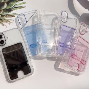 New Solid Color Wallet Single Card Slot Fold Bracket Phone Case For iPhone 16 Pro Max 14 11 12 13 15 Pro Max Acrylic Back Cover