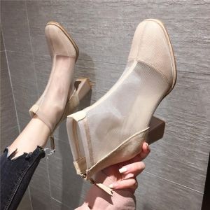 Elegant Mesh Hollow out Short Boots Womens Summer New Style Breathable Cool Shoes Square Head Thick Heel Fashion Boots