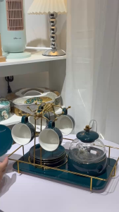 BỘ ẤM CHÉN CÓ LÓT TÁCH KÈM GIÁ TREO CỐC BẰNG KIM LOẠI MẠ VÀNG MÀU XANH CỔ VỊT-CONVEENIENCE Shop
