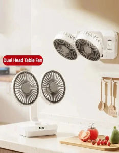 Desktop Oscillating Fan USB Rechargeable Double Head 4000mAh Battery Powered Portable Automatic Rotating Table Fan 4 Gear Wind