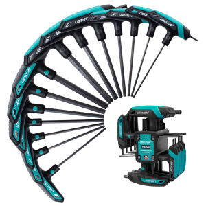 LIBRATON 14PCS Metric & SAE T Handle Hex Key Bike Repair ToolT-handle Allen Wrench Set with Storage RackTwo-Tip Design