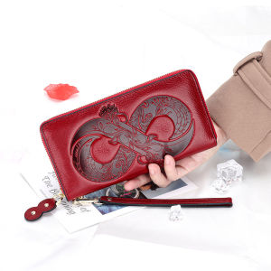 Chinese Style Oil Wax Cowhide Zipper Long Wallet