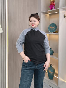 Autumn Winter Double-Sided Velvet Base Shirt Womens plus Size Half High Collar Loose Slimming Casual Color Block Top T-Shirt