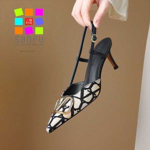 SанFu French Pointed Toe High Heels Spring Summer New Style Back Empty Box Head Sandals Metal Buckle Color Block Fashionable Womens Shoes