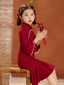 Red Childrens Cheongsam Dress Girls Traditional Chinese Style Clothing Autumn Season Kids One-Piece Suit Polyester Fiber