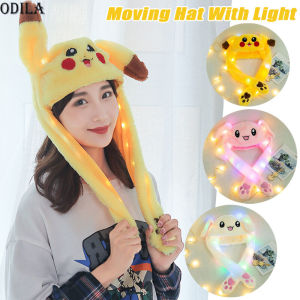 Odila【Local】Hot Fashion Winter Pokemon Pikachu Luminous Moving Ears Cute Toy Hat Animal Pinching Ears Moving Hat Pikachu Rabbit LED Light Hats Casual Plush Cap Scarf Set Winter For Kids Gift