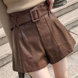 High Waist PU Leather Shorts Autumn Winter New Style plus Size Coffee Color Wide Leg Pants Korean Style Commute Fashion