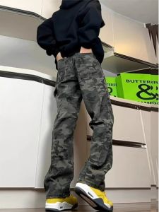 กางเกงยีนส์ทรงหลวมขากว้างสไตล์ทหารสำหรับผู้ชาย กางเกงขายาวทรงตรง สไตล์ย้อนยุค สีเขียวทหาร ฤดูใบไม้ผลิและฤดูใบไม้ร่วง กางเกงขายาวทรงตรง