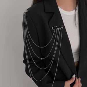 KunJoe Punk Hip Hop Tassel Chain Brooches Multi-layer Detachable Double Pin for Men Women Charm Suit Brooch Jewelry Accessories