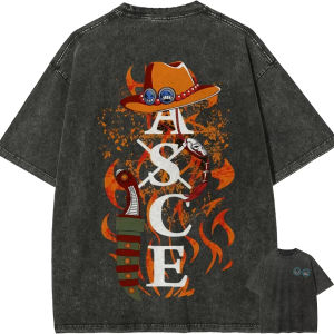 Bandai | Ace T Shirt One Piece ASCE Tattoo Fire Vintage Acid Wash Streetwear Retro Japanese Anime Graphic 100%Cotton Men Tees