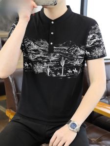 HENGYUANXIANG | Hengyuanxialong Pure Cotton Short Sleeve T-Shirt Mens Casual Stand Collar Top Chinese Style Half Sleeve Body Shirt Summer New Arrival