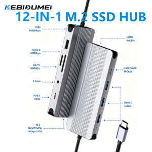 Kebidumei | KEBIDUMEI 12 In 1 M.2 SSD Enclosure Docking Station USB 3.0 HUB M.2 NVMe SATA SSD Dual Protocol Adapter 4K60Hz 1000M For Laptop